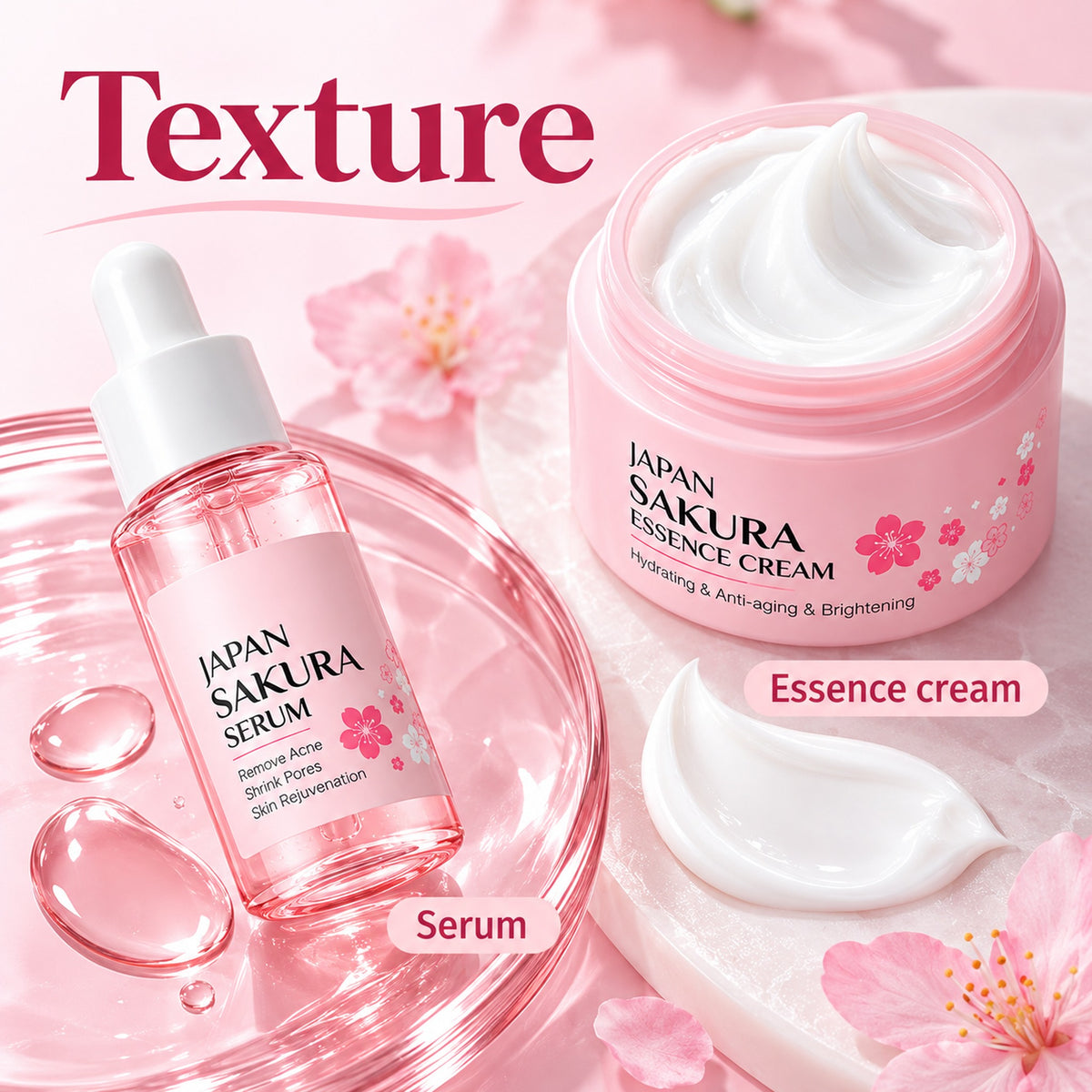 Sakura serum drop and whipped essence cream texture