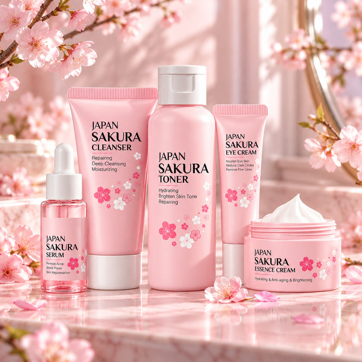 Japan Sakura 5-piece kit on a pink vanity with cherry blossom branches