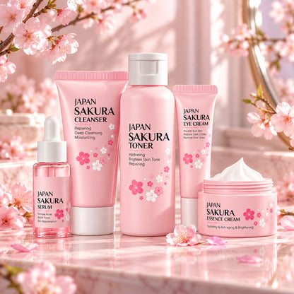 Japan Sakura 5-piece kit on a pink vanity with cherry blossom branches