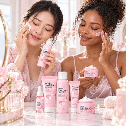 Two women using the Sakura toner and essence cream at a bright vanity
