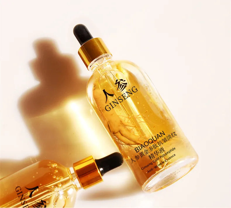 Model with glowing skin holding Ginseng Polypeptide face serum bottle