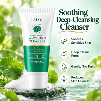 Soothing deep-cleansing centella cleanser – soothes sensitive skin, deep cleans pores, gentle not tight, reduces skin dryness