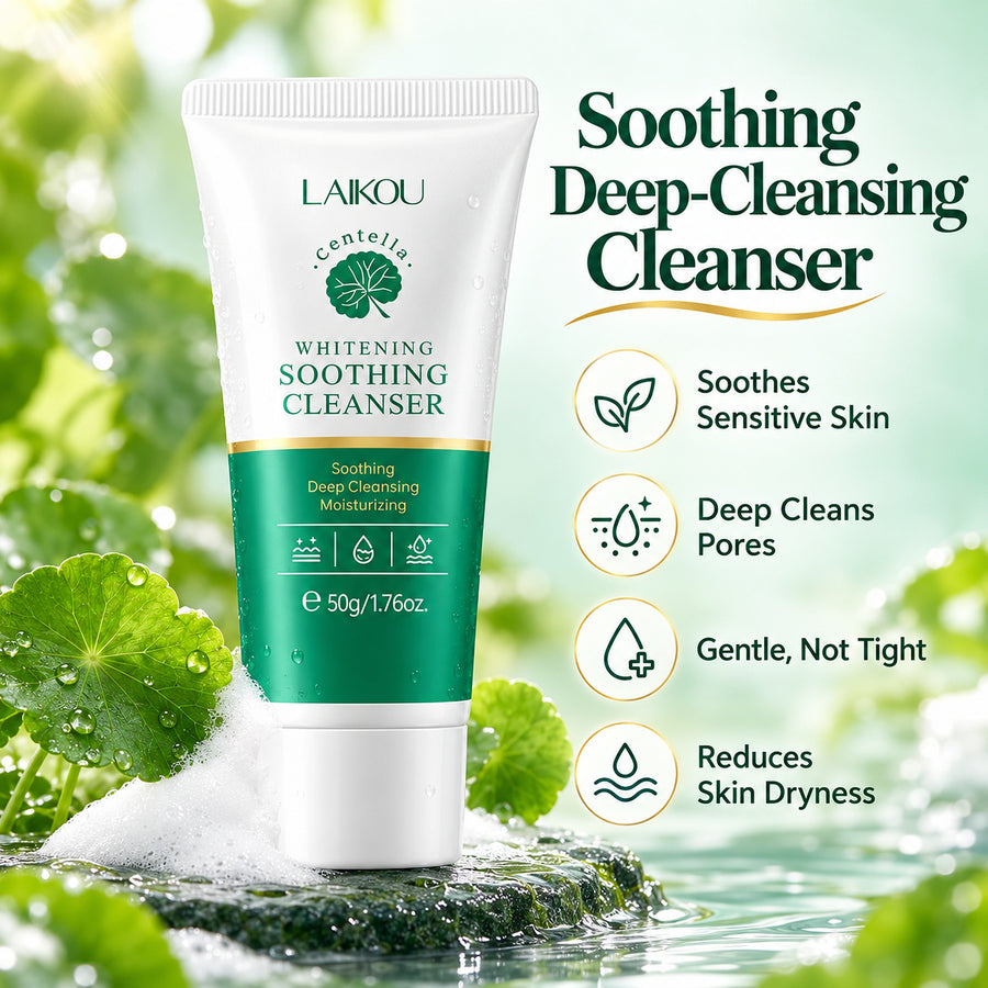 Soothing deep-cleansing centella cleanser – soothes sensitive skin, deep cleans pores, gentle not tight, reduces skin dryness