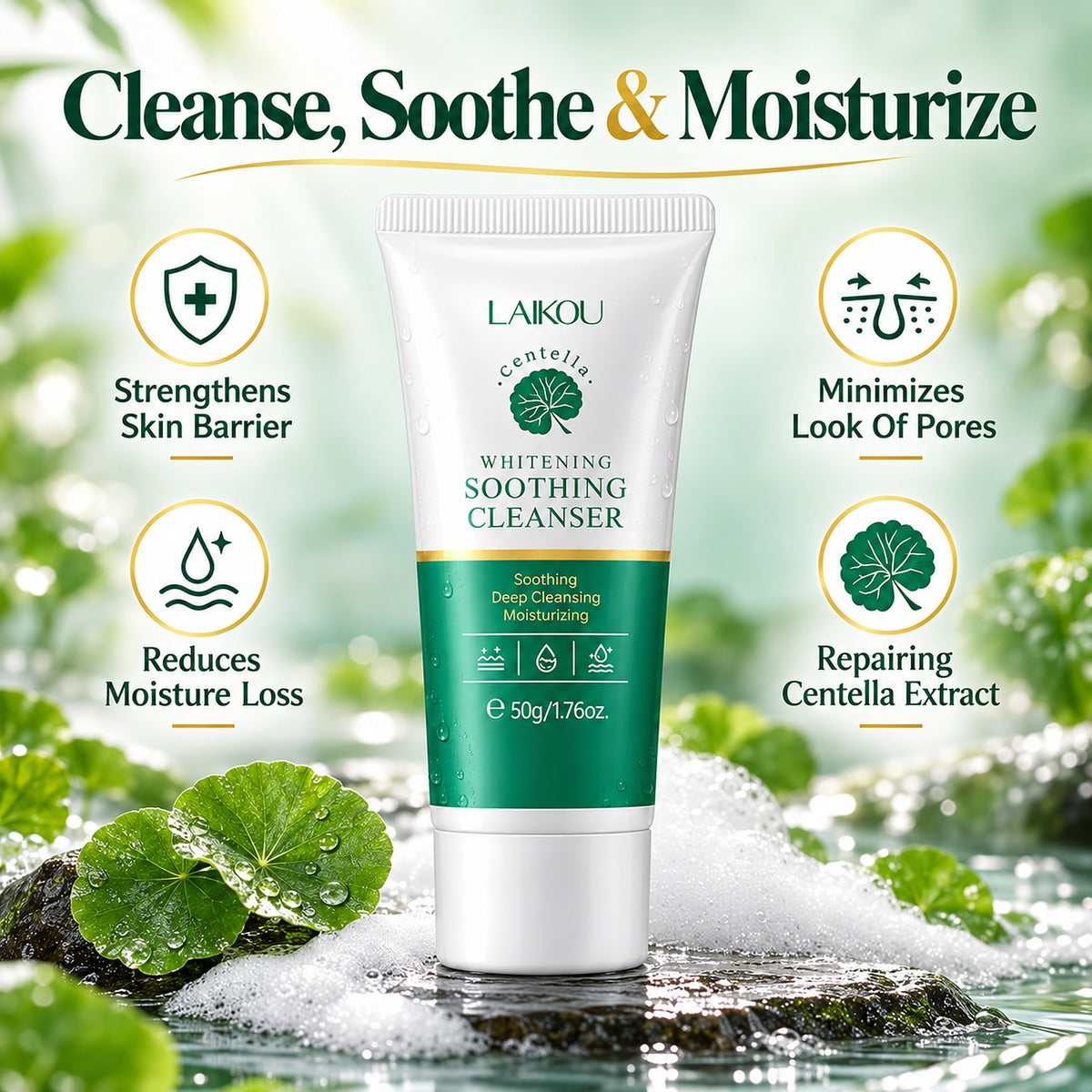 Cleanse, soothe and moisturize – strengthens skin barrier, reduces moisture loss, minimizes the look of pores, repairing centella extract