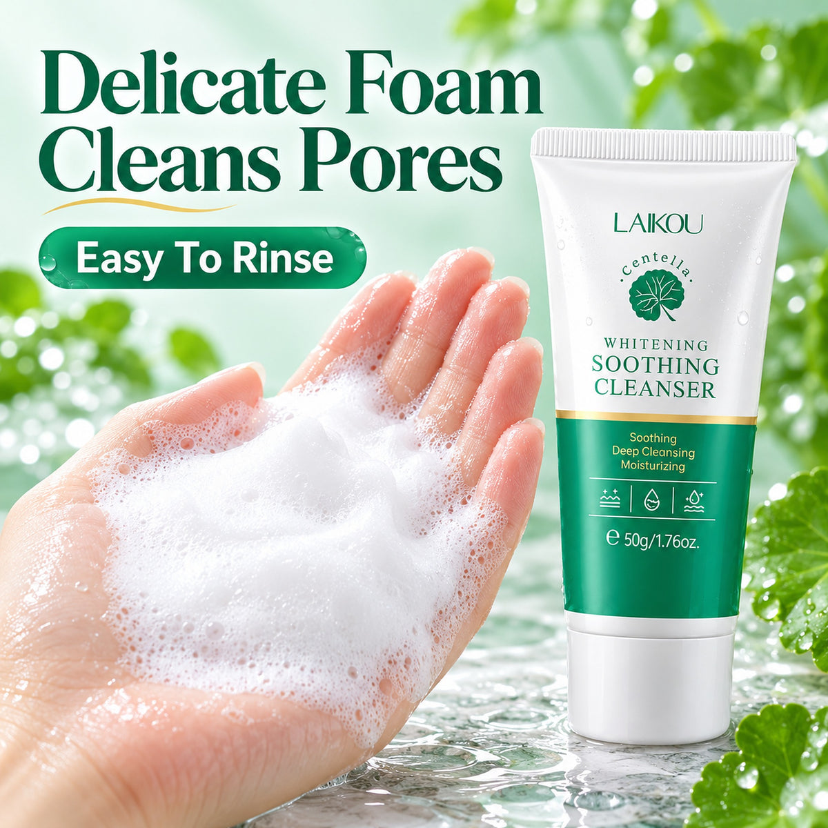 Delicate white foam in a palm next to the LAIKOU centella cleanser – easy to rinse