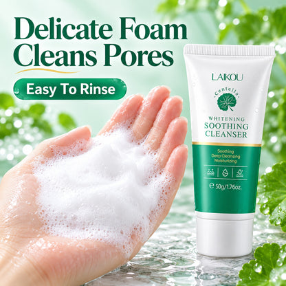 Delicate white foam in a palm next to the LAIKOU centella cleanser – easy to rinse