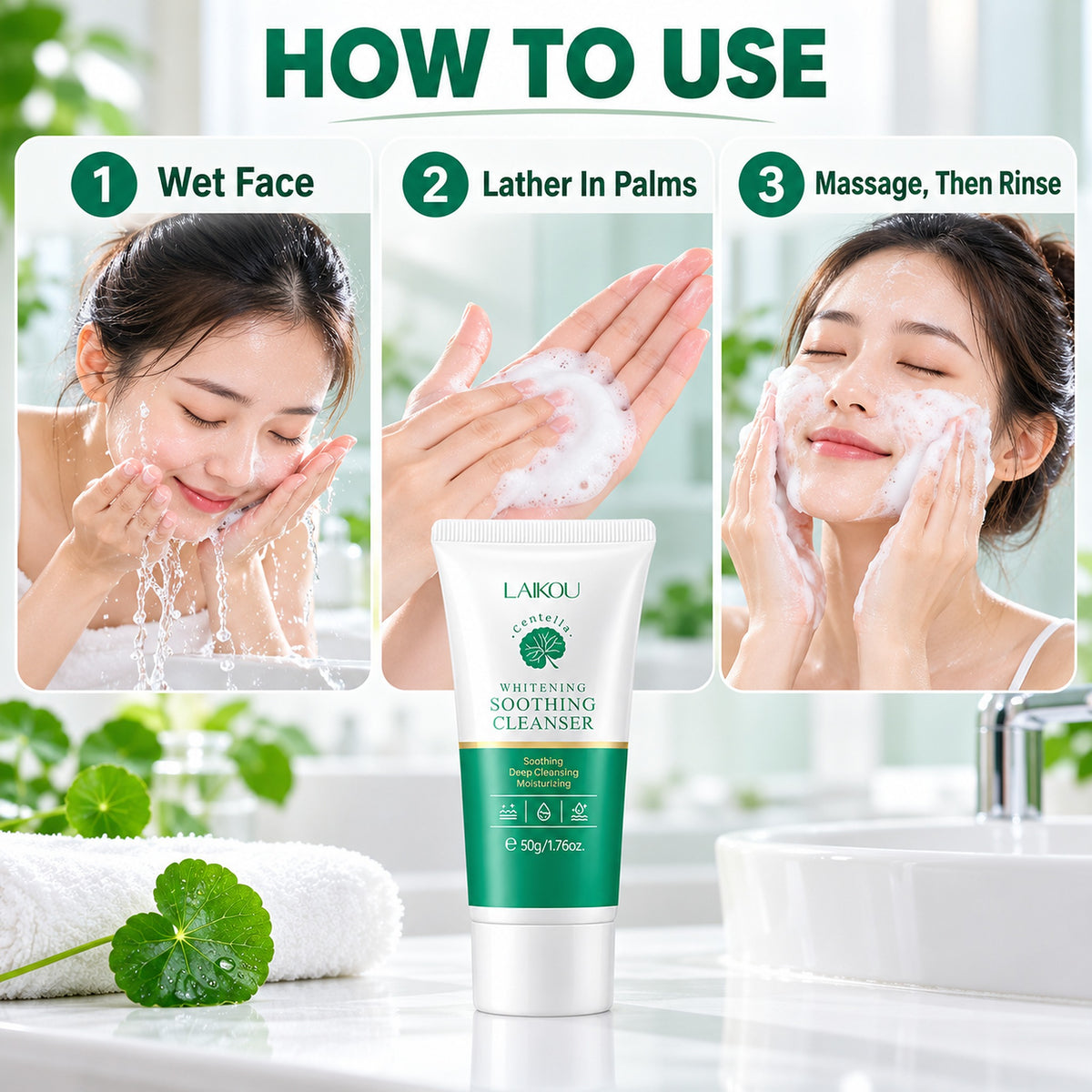 How to use the centella cleanser: wet face, lather in palms, massage then rinse