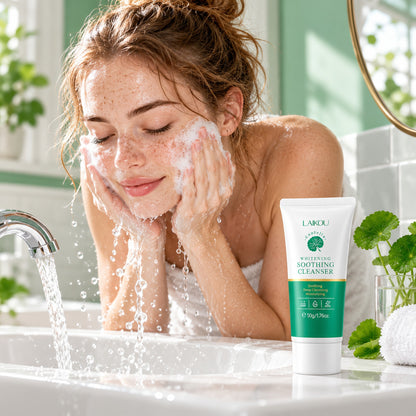 Woman washing her face with foam at a bathroom sink, LAIKOU cleanser tube on the counter