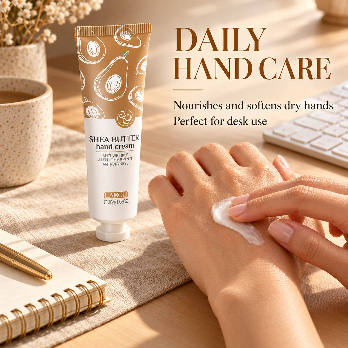Applying shea butter hand cream at a desk