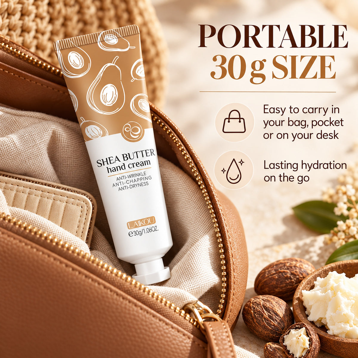 Portable 30g shea butter hand cream in a handbag