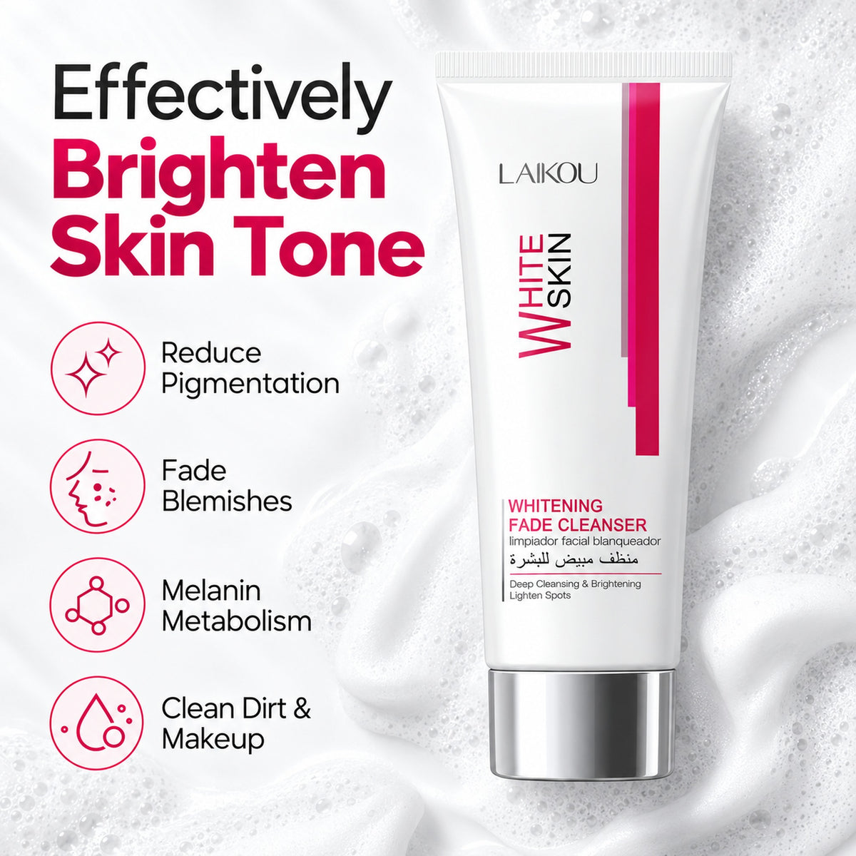 LAIKOU cleanser effectively brightens skin tone: reduces pigmentation, fades blemishes, melanin metabolism, cleans dirt and makeup