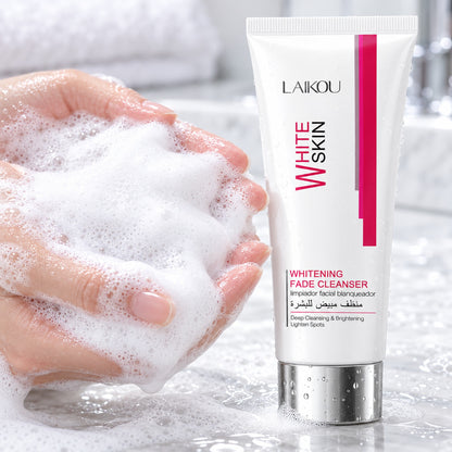 Rich white foam lather of the LAIKOU brightening face cleanser in hands
