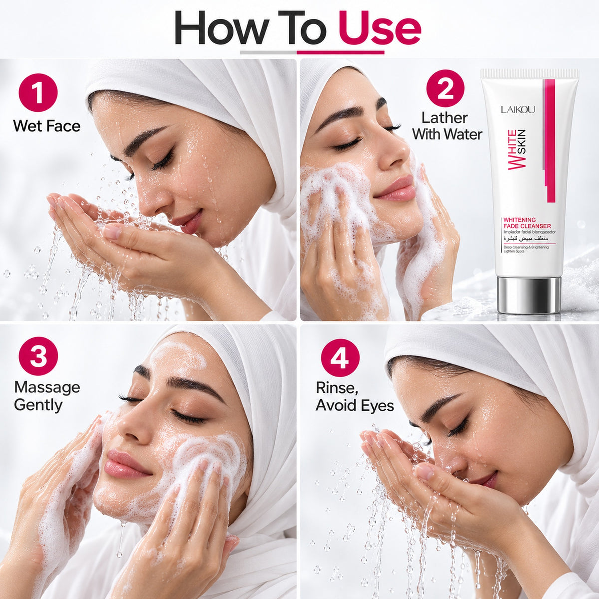 How to use the LAIKOU face cleanser: wet face, lather with water, massage gently, rinse avoiding eyes