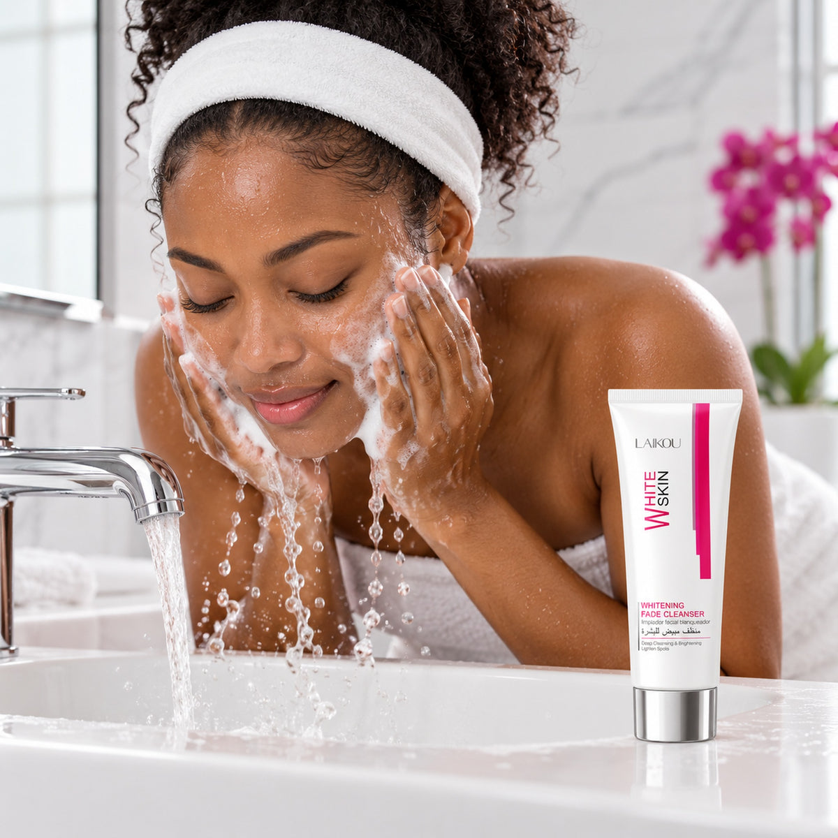 Woman rinsing her face over a basin with the LAIKOU brightening cleanser tube on the edge