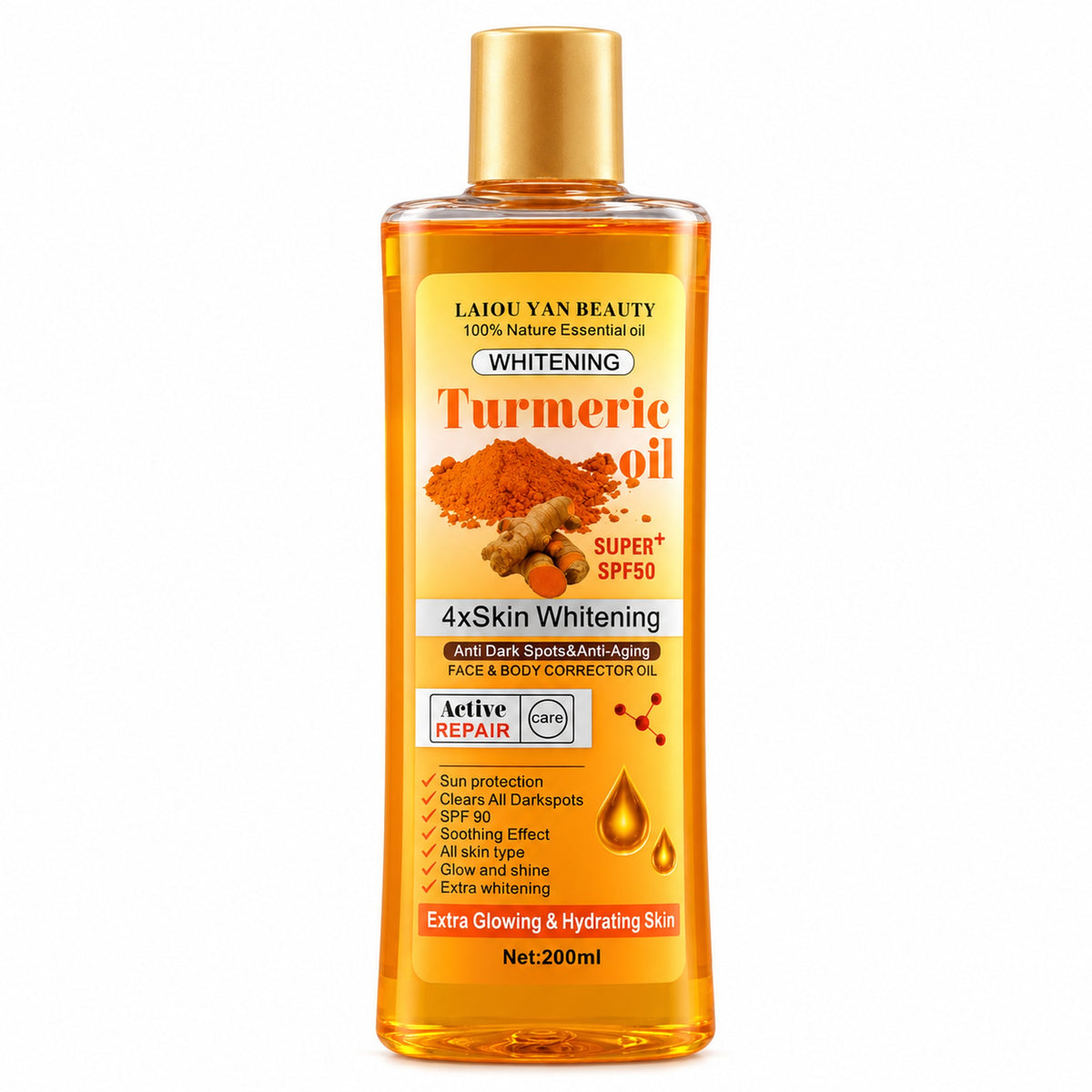 LAIOU YAN BEAUTY Turmeric oil 200 ml face & body corrector oil bottle on white