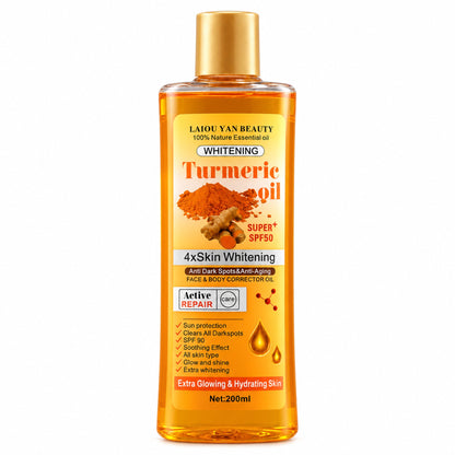 LAIOU YAN BEAUTY Turmeric oil 200 ml face & body corrector oil bottle on white