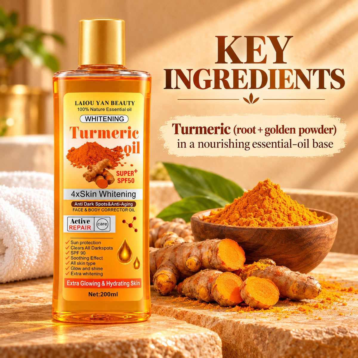 Key ingredients: turmeric root and golden turmeric powder in a nourishing essential-oil base