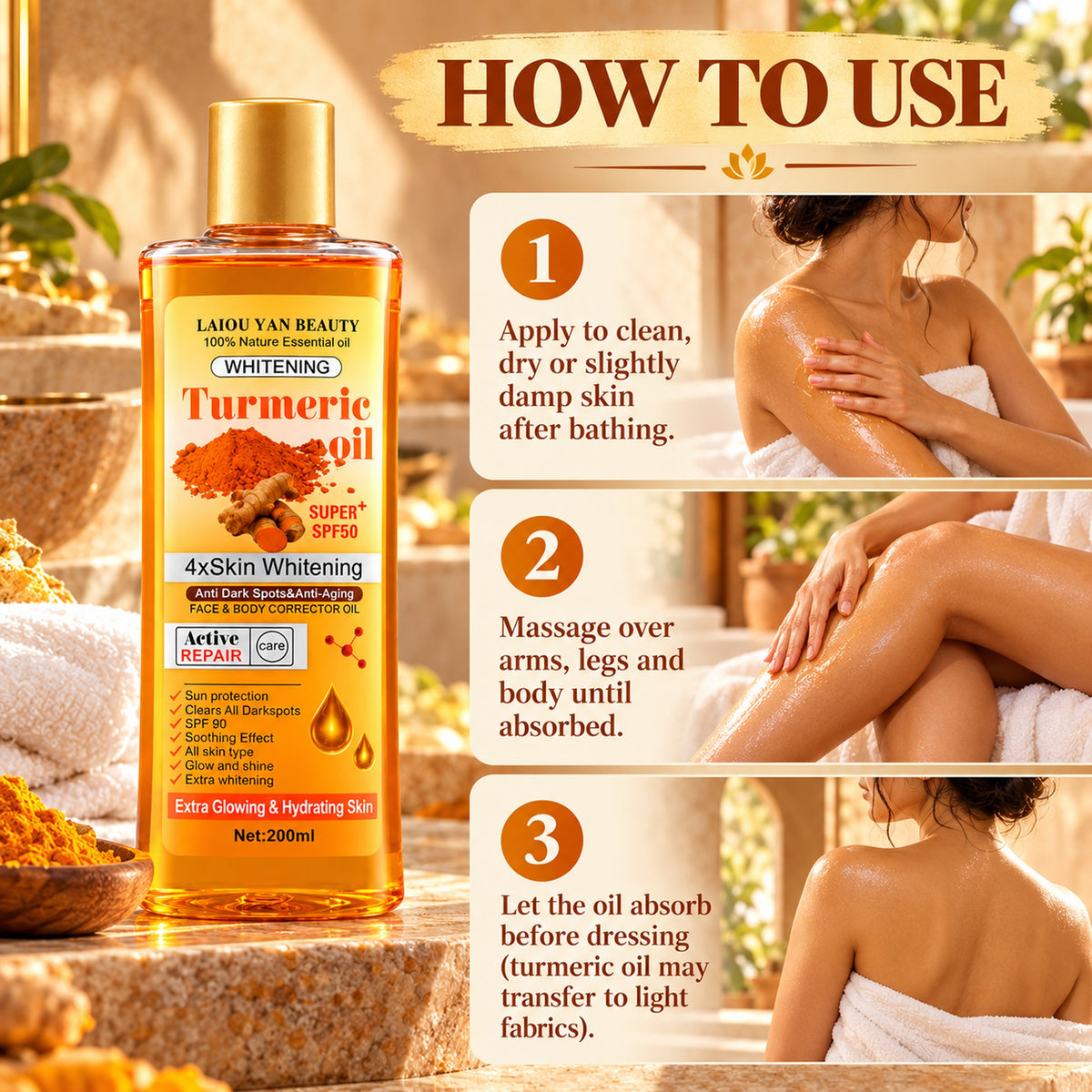 How to use turmeric body oil in 3 steps after bathing
