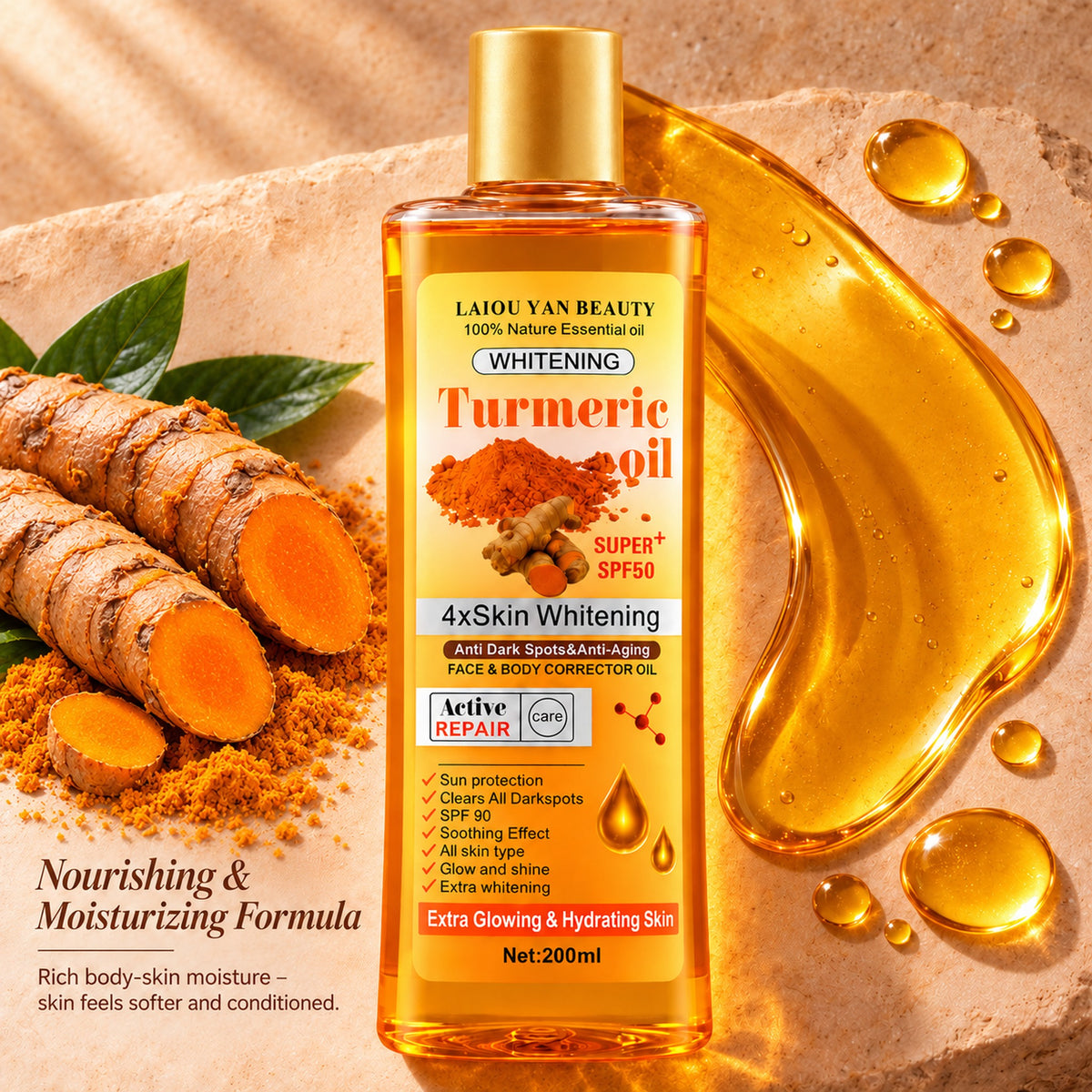 Golden turmeric body oil swatch beside fresh turmeric roots