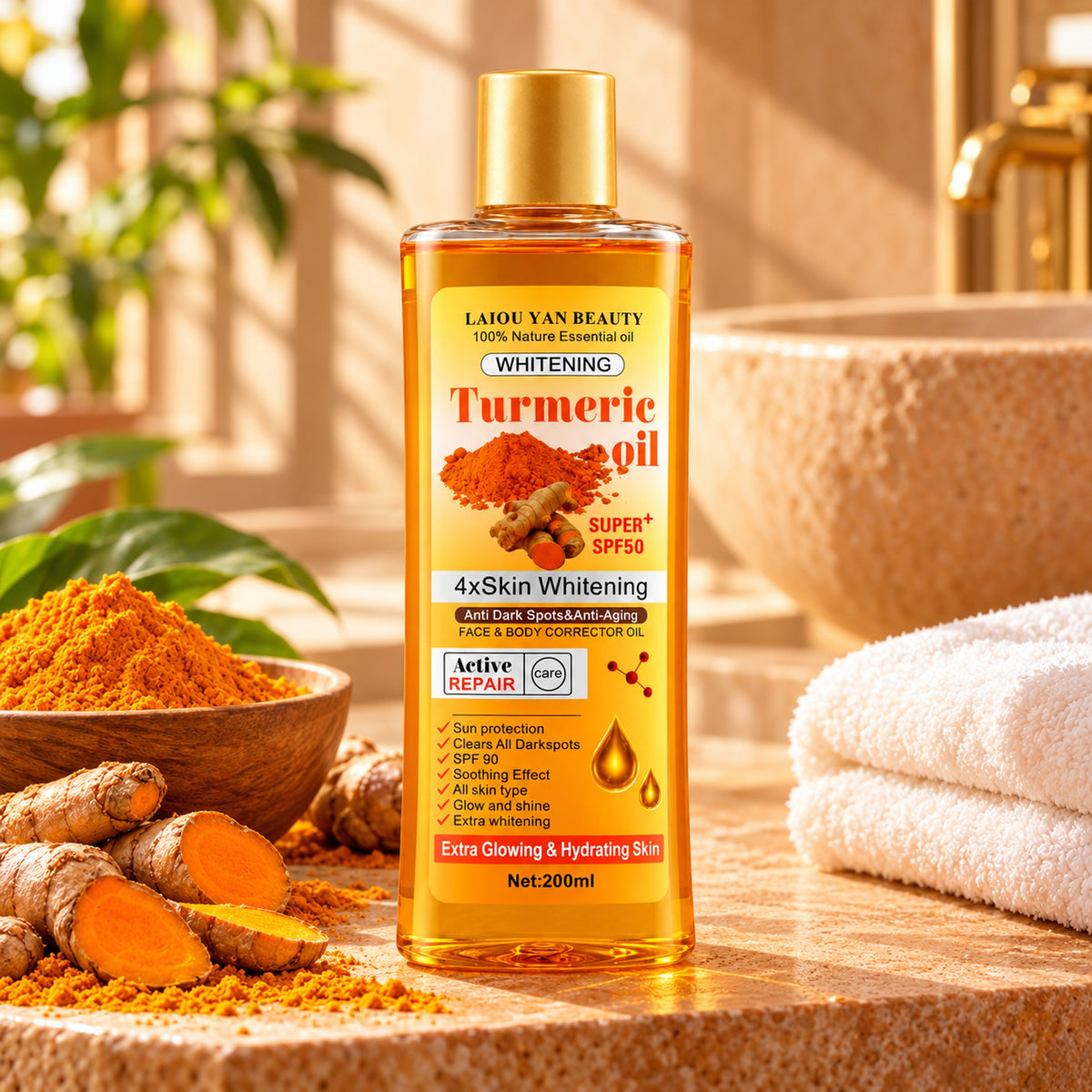 Turmeric oil bottle in a warm bathroom with turmeric roots, powder and towels