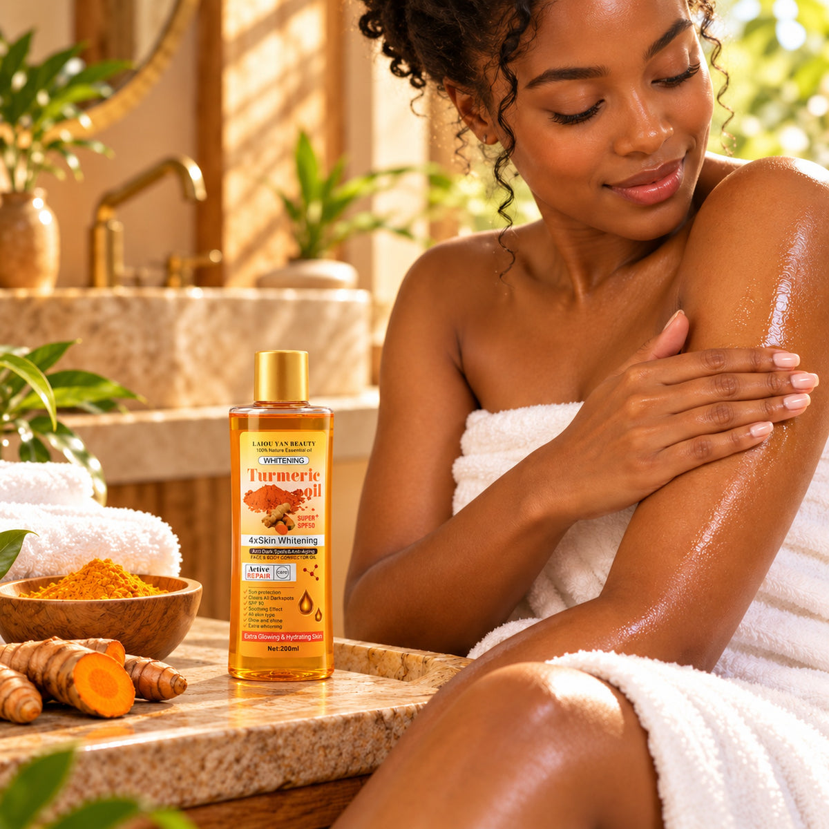 Woman massaging turmeric body oil into her arm after bathing