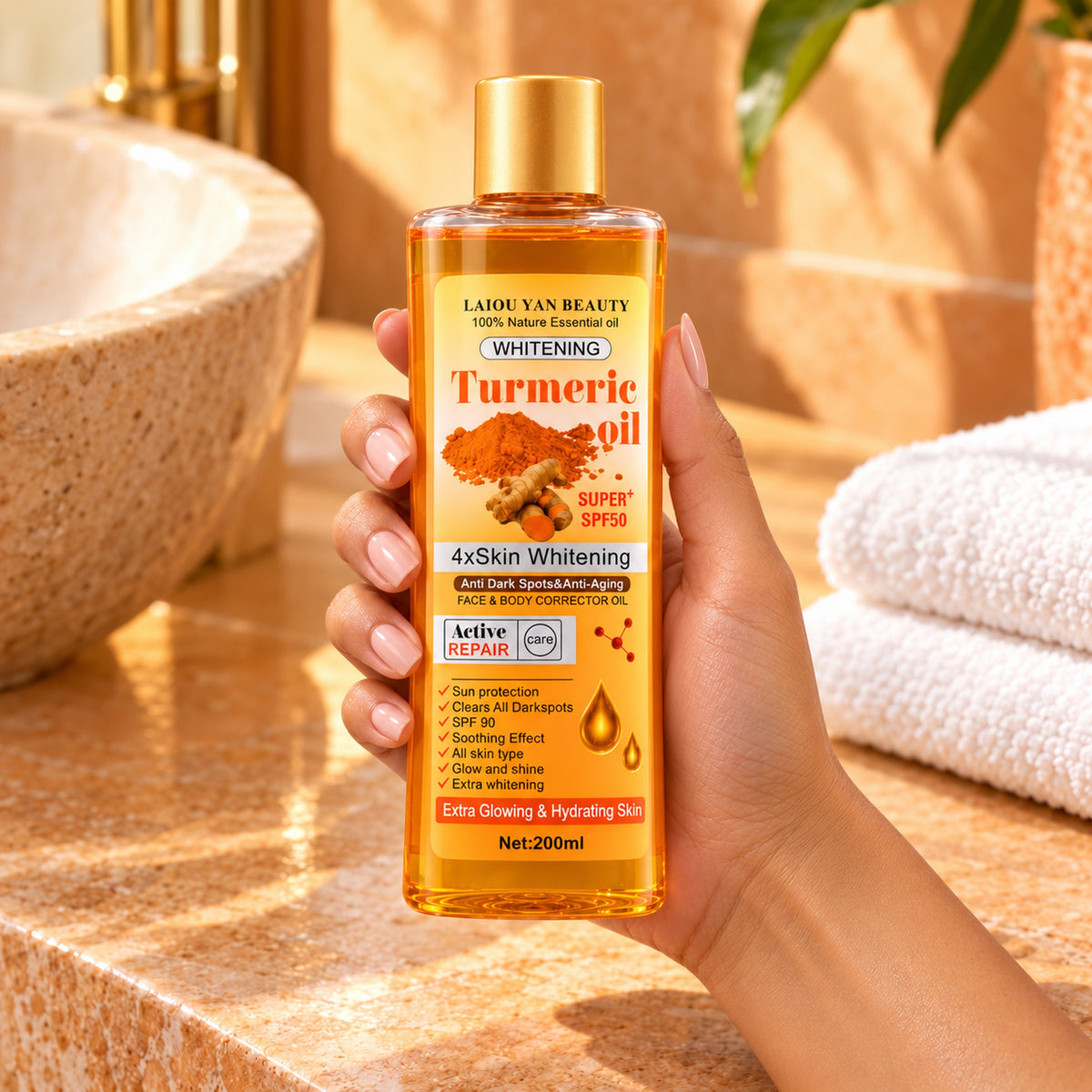 Hand holding the 200 ml LAIOU YAN BEAUTY turmeric oil bottle for size