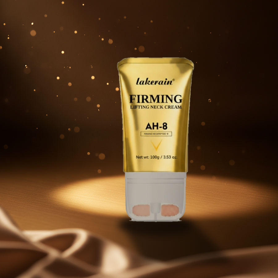 Firming Lifting Neck Cream with AH-8 Hexapeptide — styled on a brushed gold vanity in warm directional light