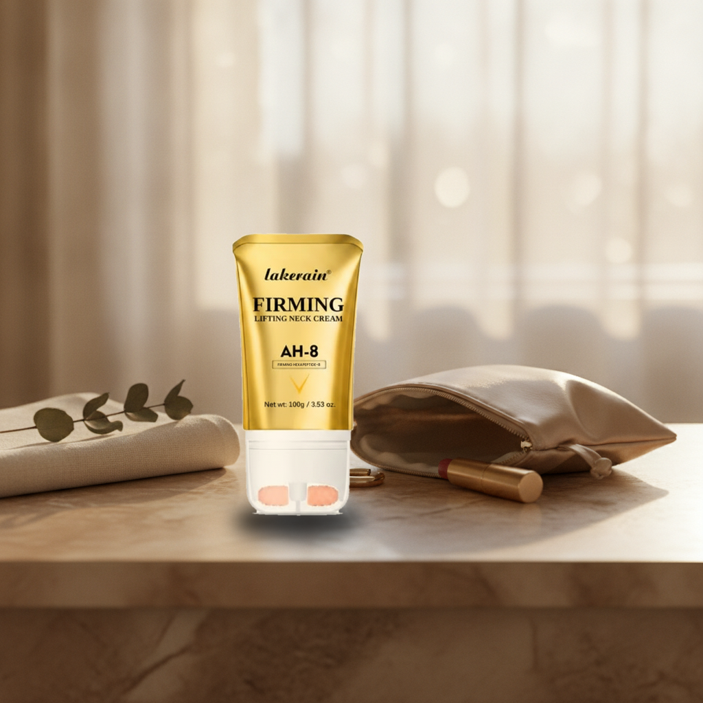 Firming Lifting Neck Cream with AH-8 Hexapeptide — on a marble vanity shelf in morning light