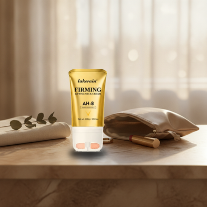 Firming Lifting Neck Cream with AH-8 Hexapeptide — on a marble vanity shelf in morning light