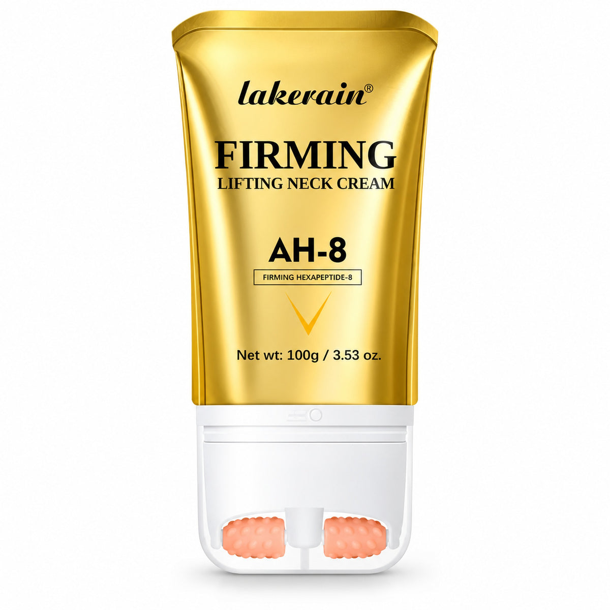 lakerain Firming Lifting Neck Cream AH-8, 100g gold tube with twin massage rollers, on a pure white background
