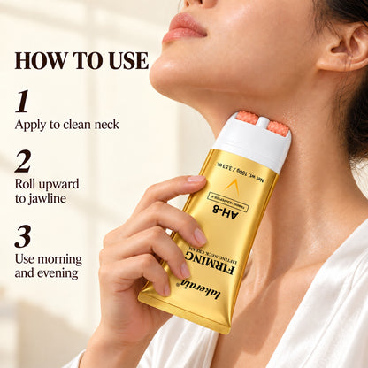How to use the neck cream roller: apply to clean neck, roll upward to jawline, use morning and evening