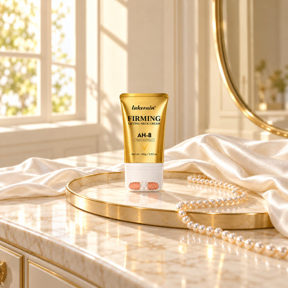 lakerain AH-8 neck cream on an ivory marble vanity with a gold tray, pearls and white silk
