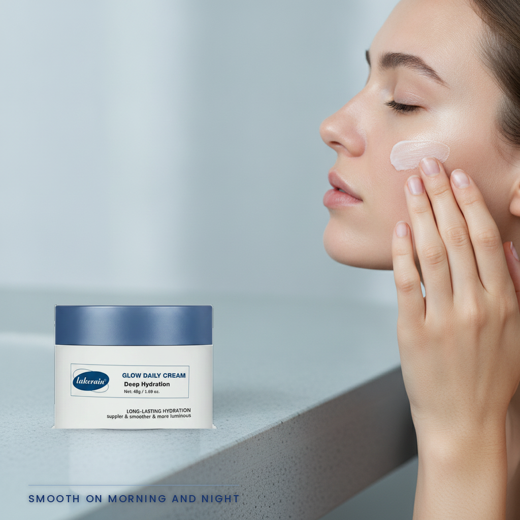 Lakerain Glow Daily Cream — smoothing the cream into the cheek