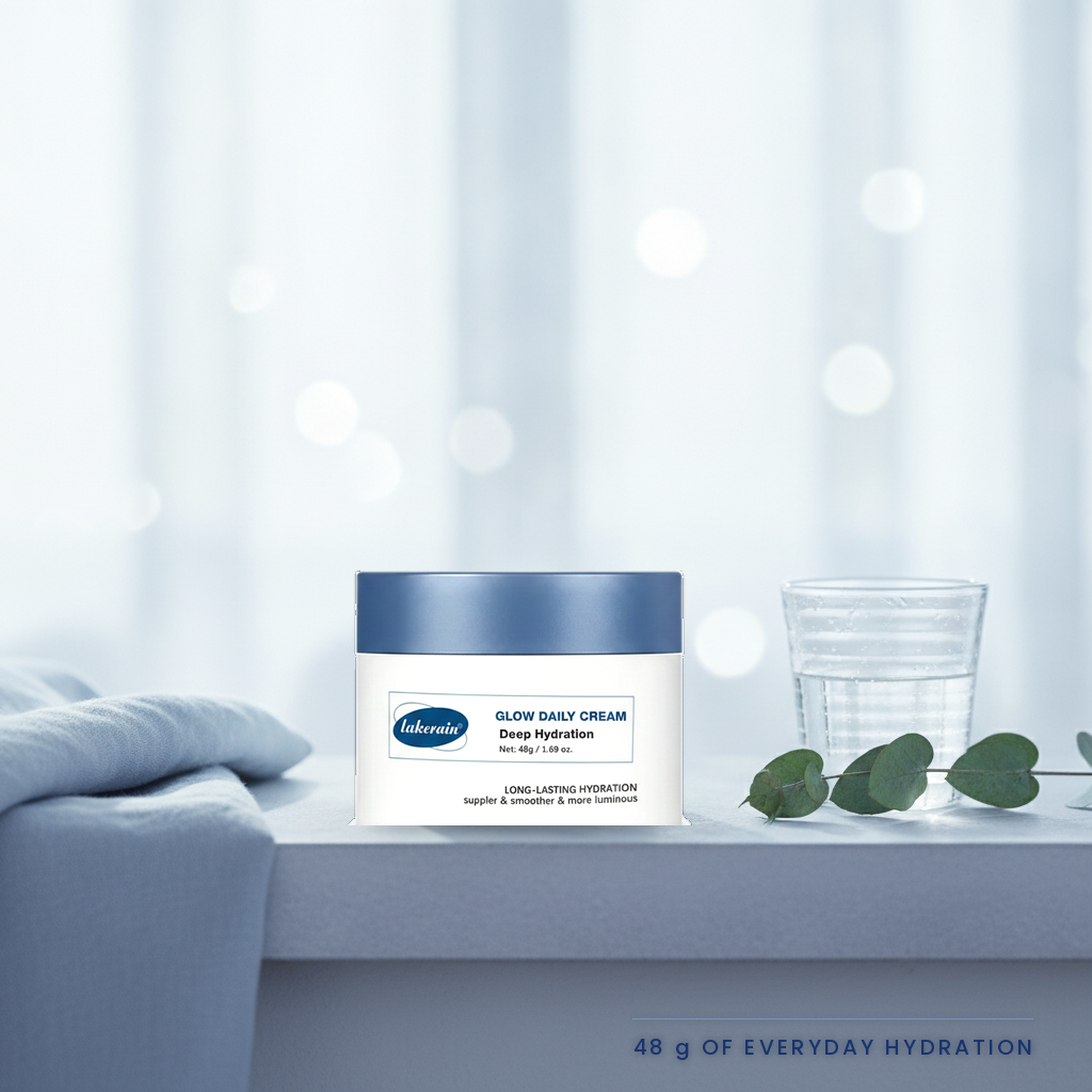 Lakerain Glow Daily Cream — on a bright shelf beside a window