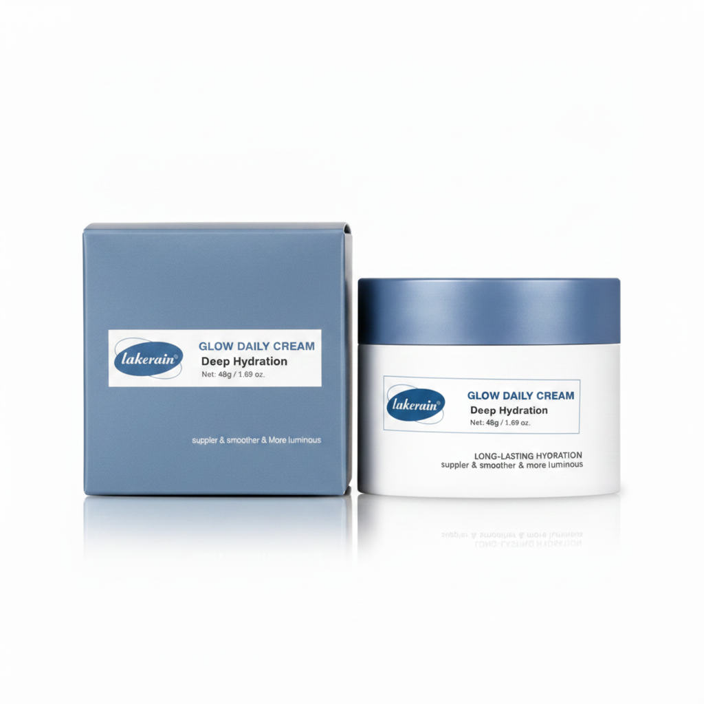 Lakerain Glow Daily Cream — slate-blue carton and jar, 48g / 1.69 oz