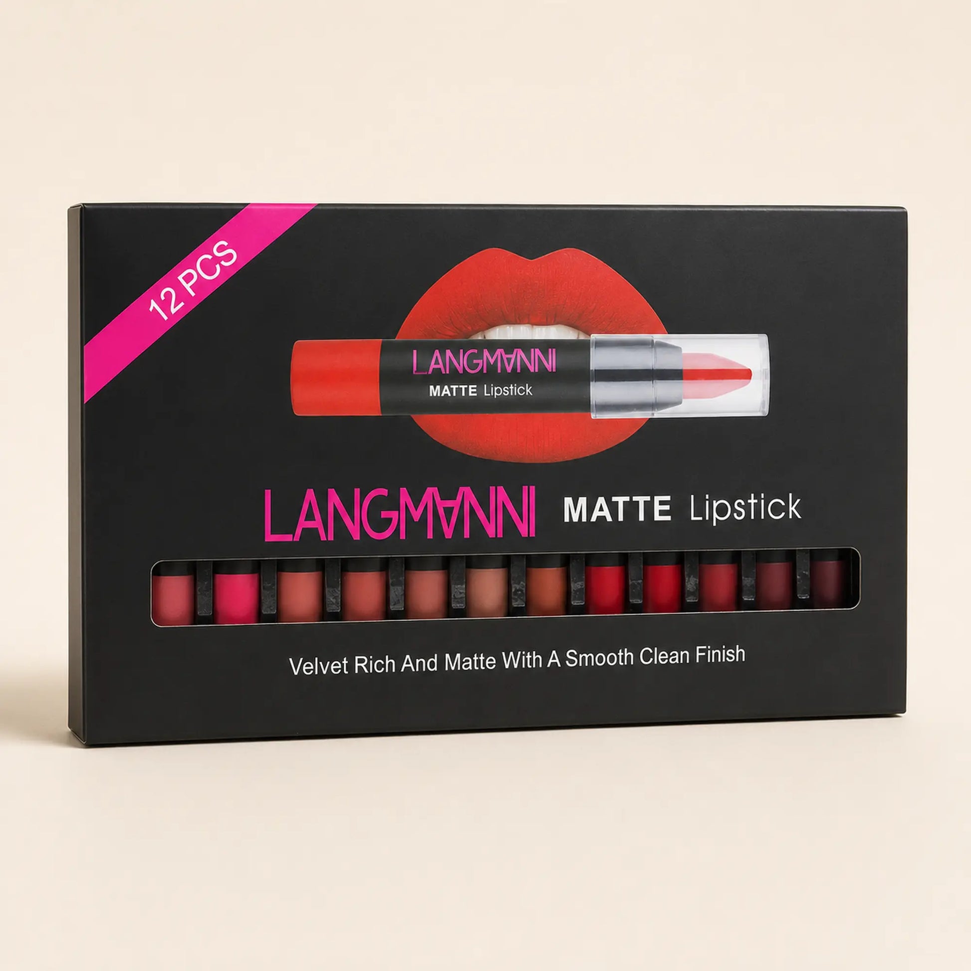 LANGMANNI 12-piece matte lipstick set in its black gift-ready presentation box