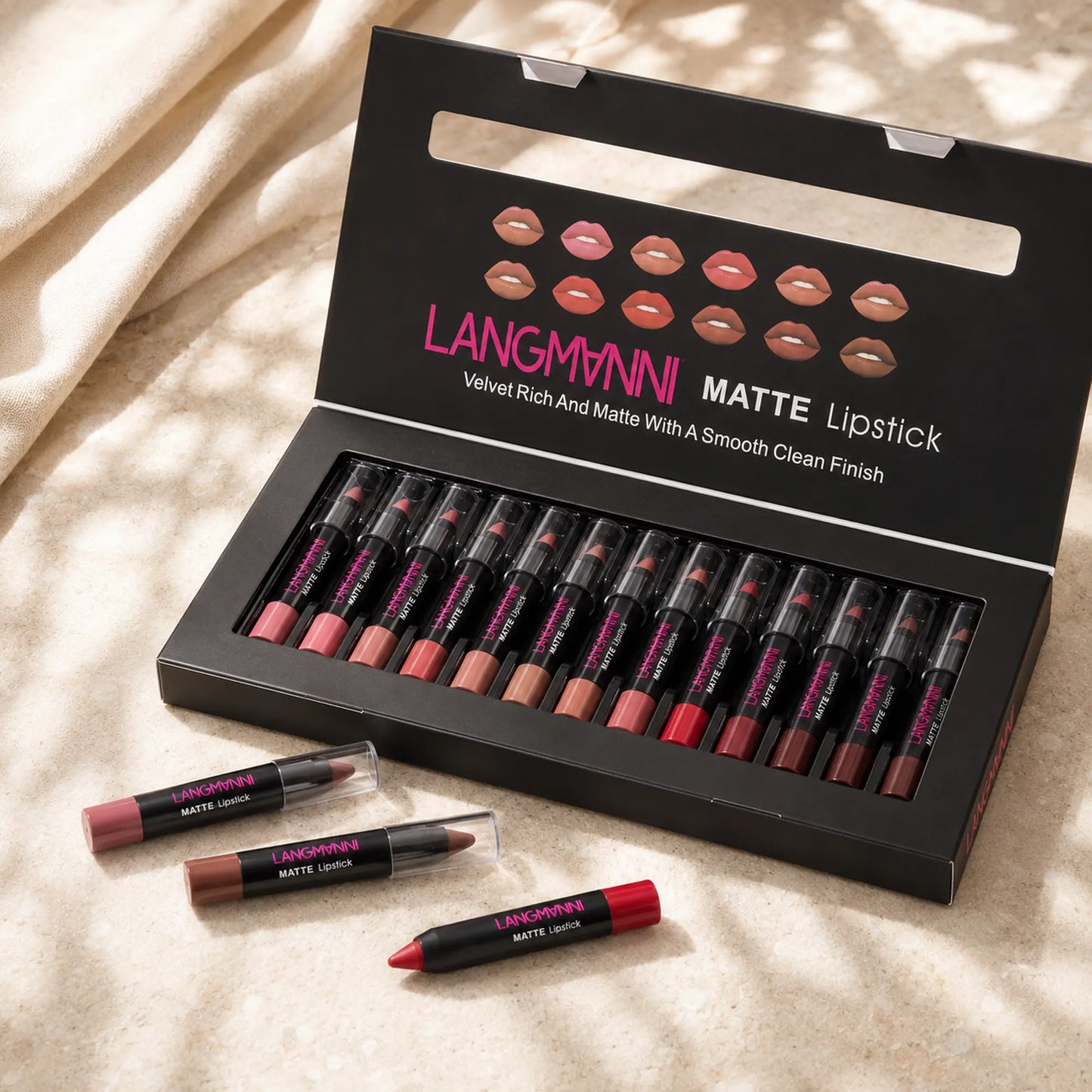 LANGMANNI 12-piece matte lipstick set displayed in an open black presentation box