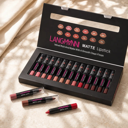 LANGMANNI 12-piece matte lipstick set displayed in an open black presentation box