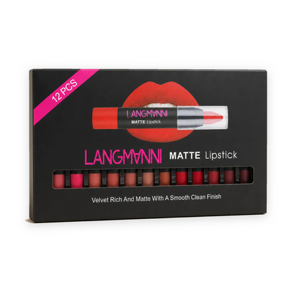 LANGMANNI 12-piece matte lipstick set in its presentation box, centered on a pure white background