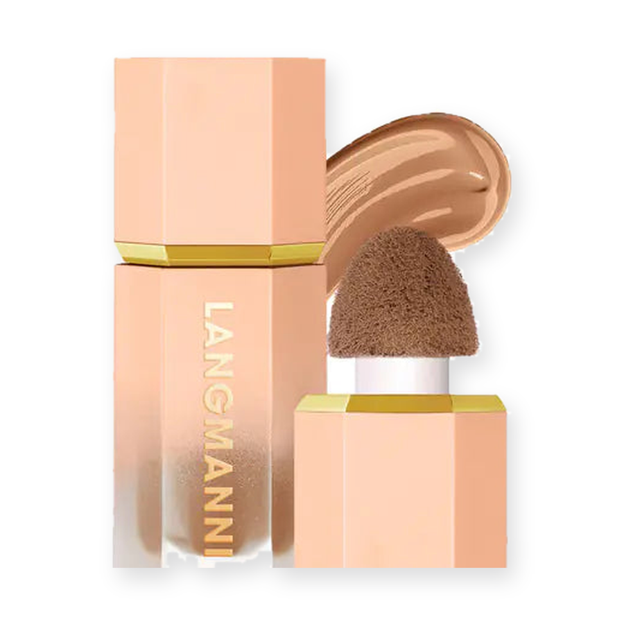 LANGMANNI liquid foundation with built-in sponge applicator, shade #101 Golden Sun — product on a pure white background