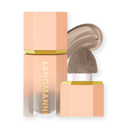 LANGMANNI liquid foundation with built-in sponge applicator, shade #102 Soft Tan — product on a pure white background