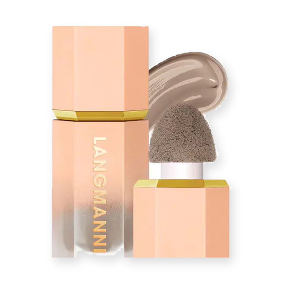 LANGMANNI liquid foundation with built-in sponge applicator, shade #102 Soft Tan — product on a pure white background