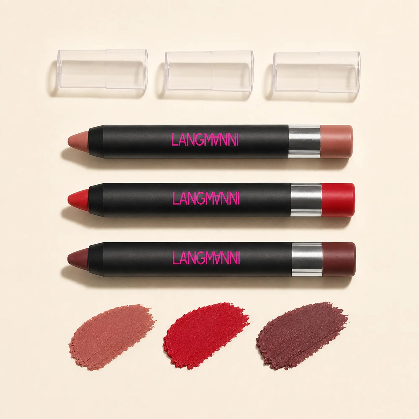 Three LANGMANNI matte lipstick pencils shown in nude, red and deep berry shades