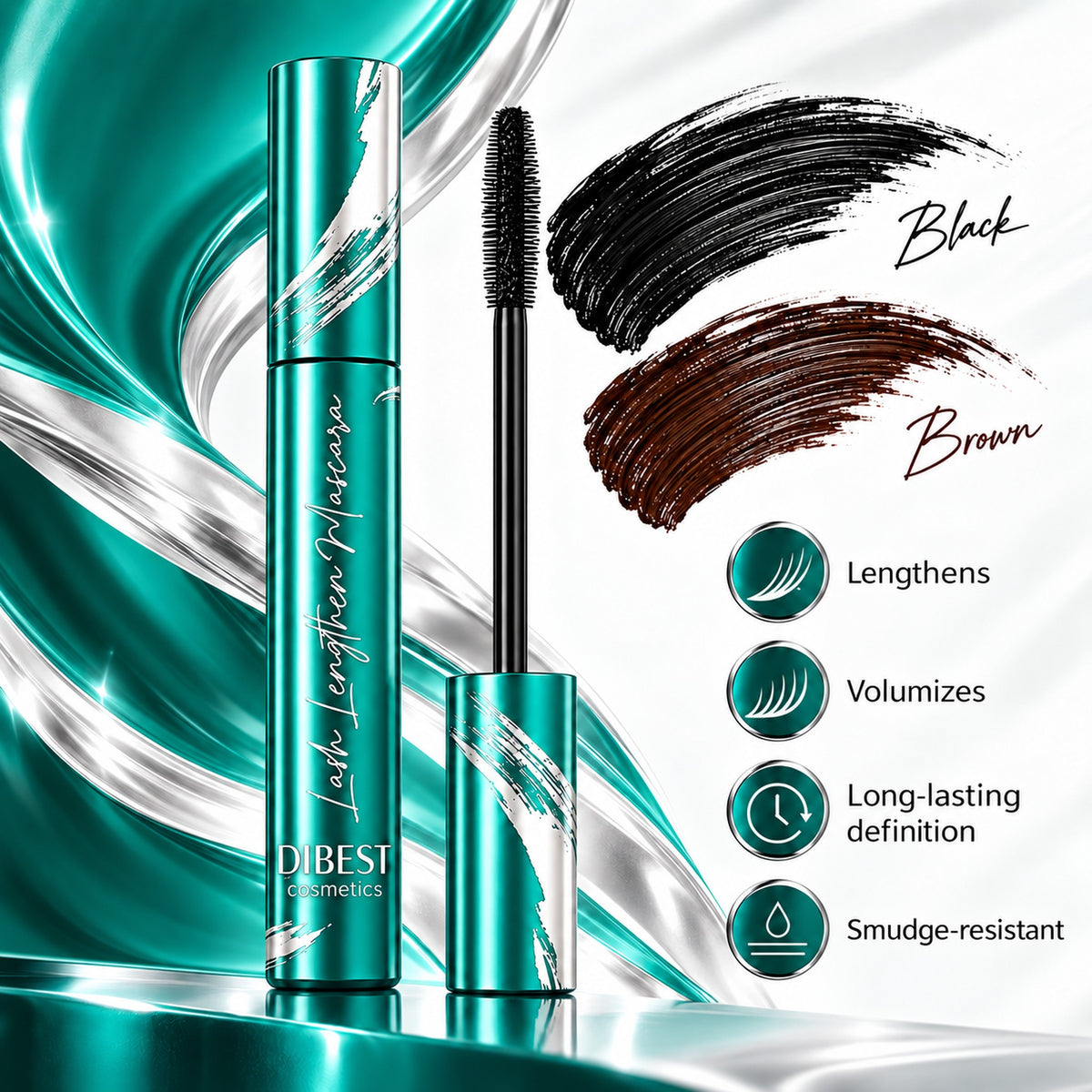 Lengthening and volumizing mascara benefits with Black and Brown shade swatches