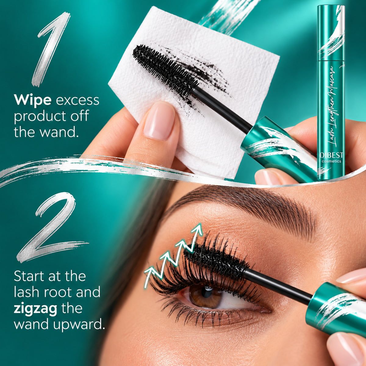 How to use steps 1-2: wipe the wand, then zigzag from the lash root