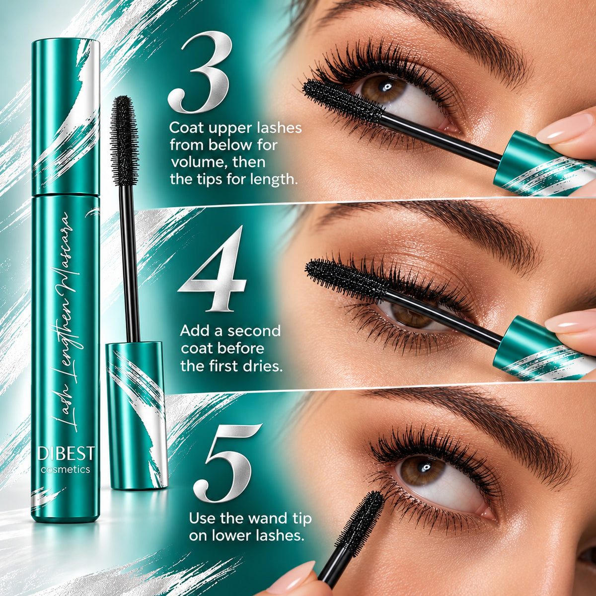How to use steps 3-5: coat upper lashes, add a second coat, define lower lashes