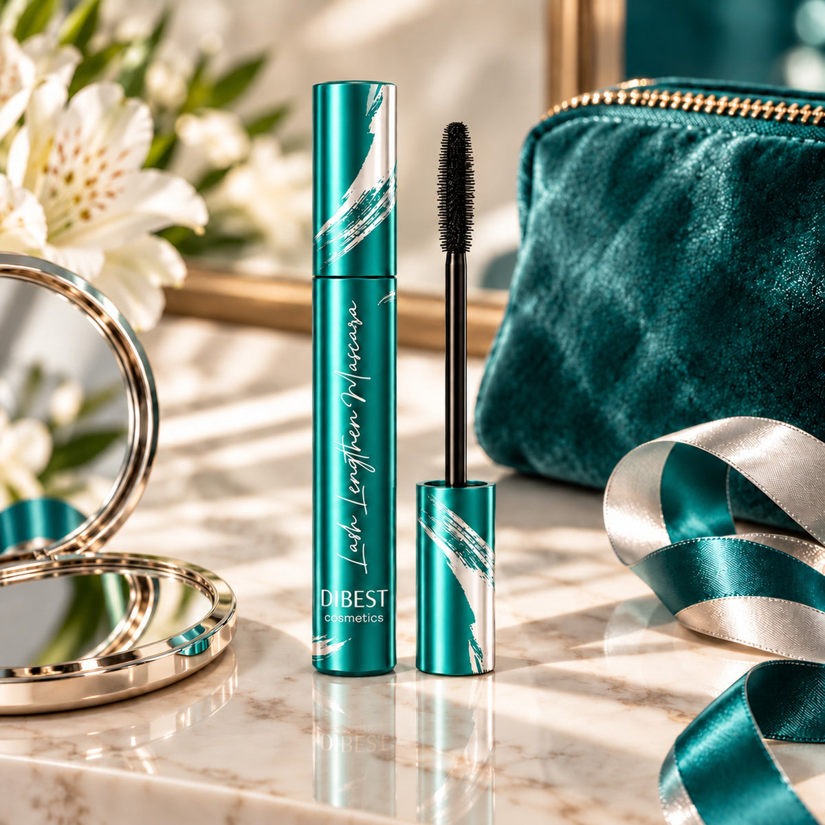 DIBEST mascara tube on a marble vanity with a compact mirror and makeup bag