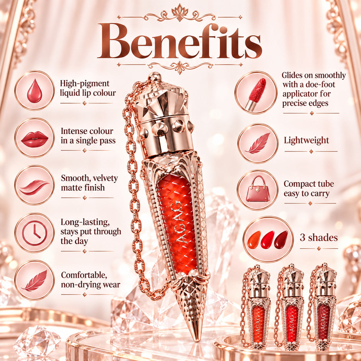 Benefits: high-pigment liquid lip colour, intense colour in one pass, velvety matte finish, long-lasting, comfortable non-drying wear, precise doe-foot applicator