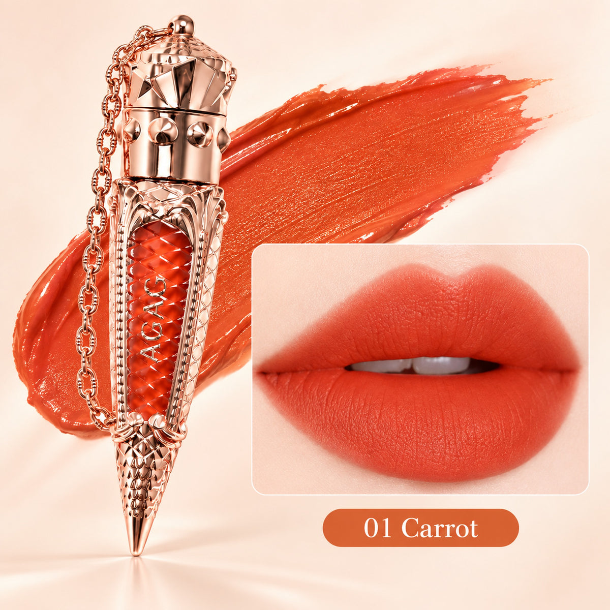 Shade 01 Carrot: warm orange-coral matte lip glaze swatch and lip colour