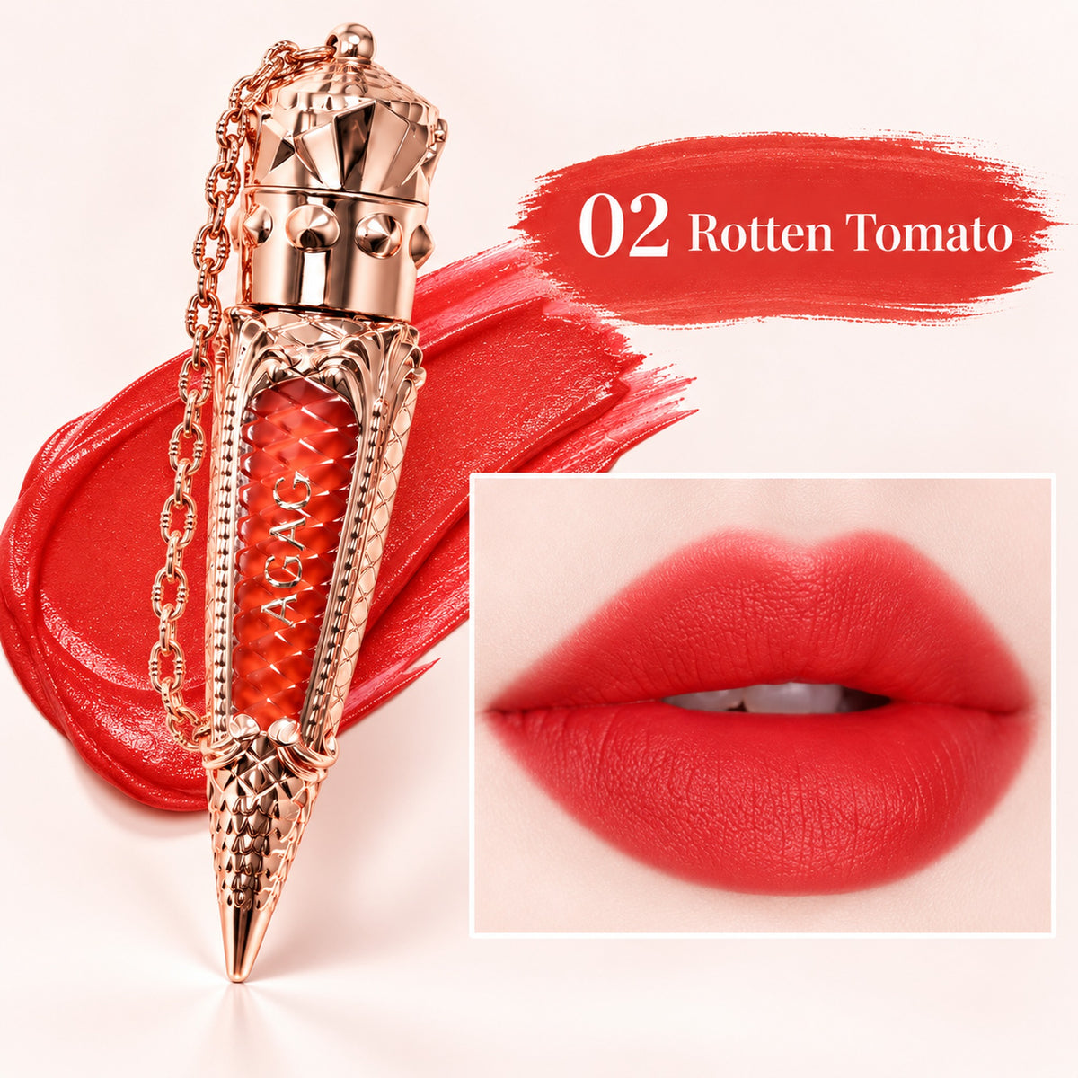 Shade 02 Rotten Tomato: coral-red matte lip glaze swatch and lip colour